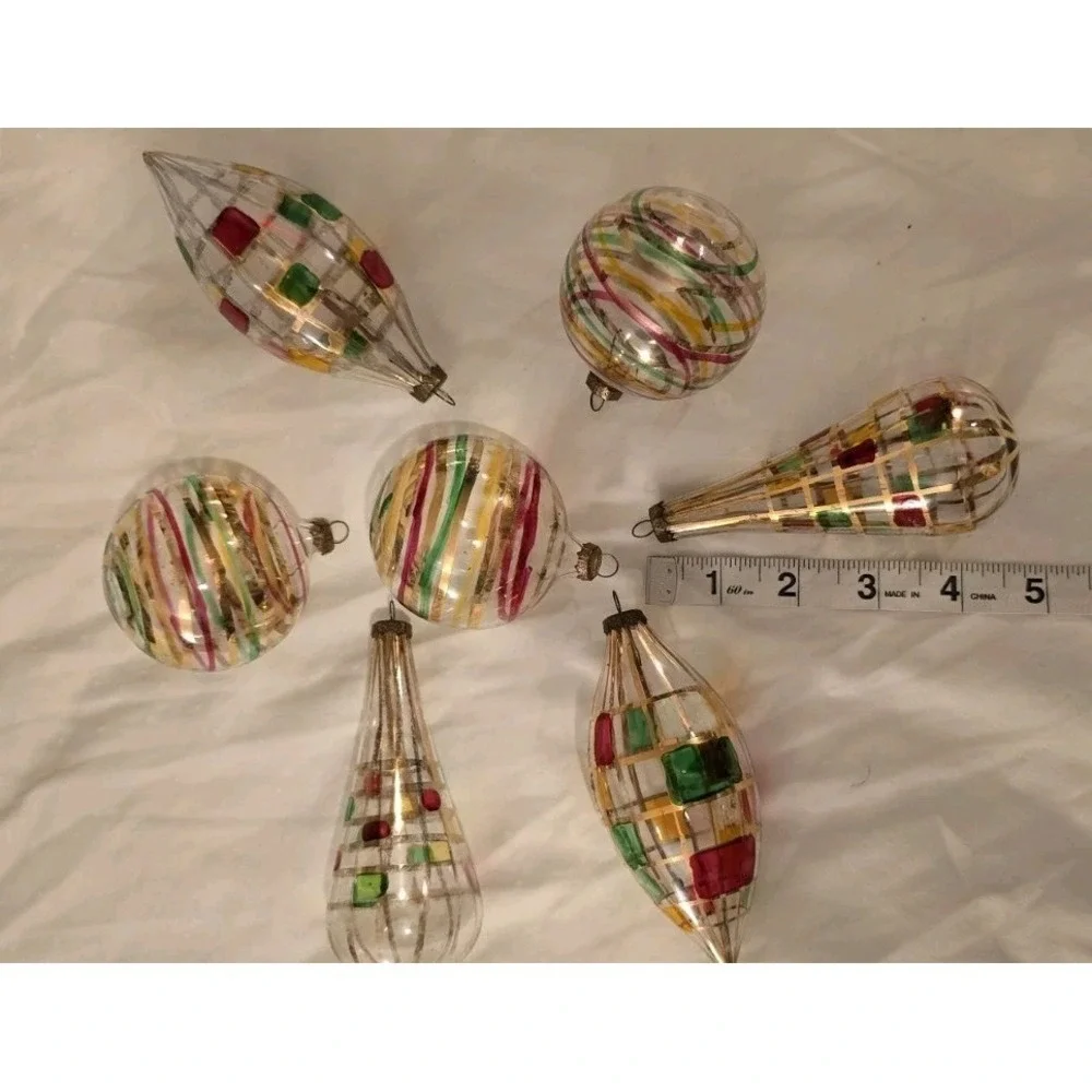 Lot Of‎ 7 Vintage Hand Painted Blown Glass With Gold Glitter Ornament
